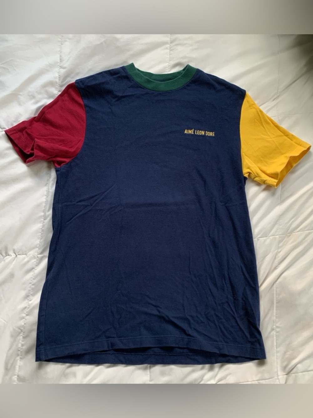 Aime Leon Dore Navy Short-Sleeve Tee with Red and Yellow Sleeves